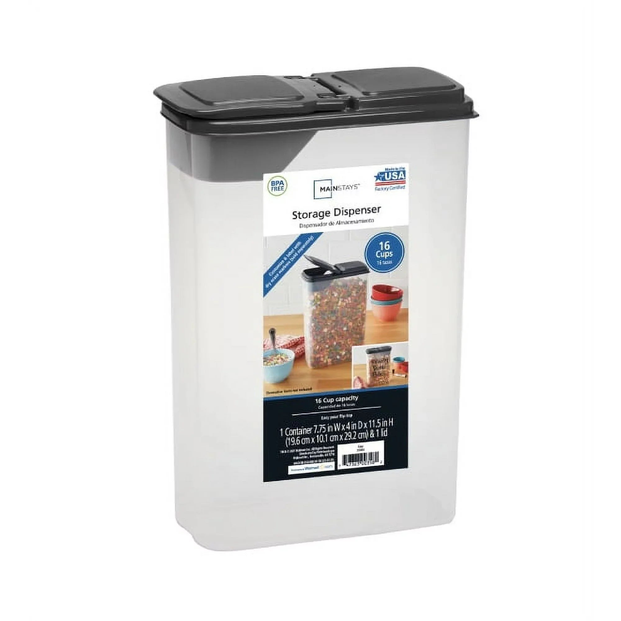 Mainstays Small Cereal Dispenser, Clear Plastic, Gray Lid, 16-Cups (1 Each) 7.25