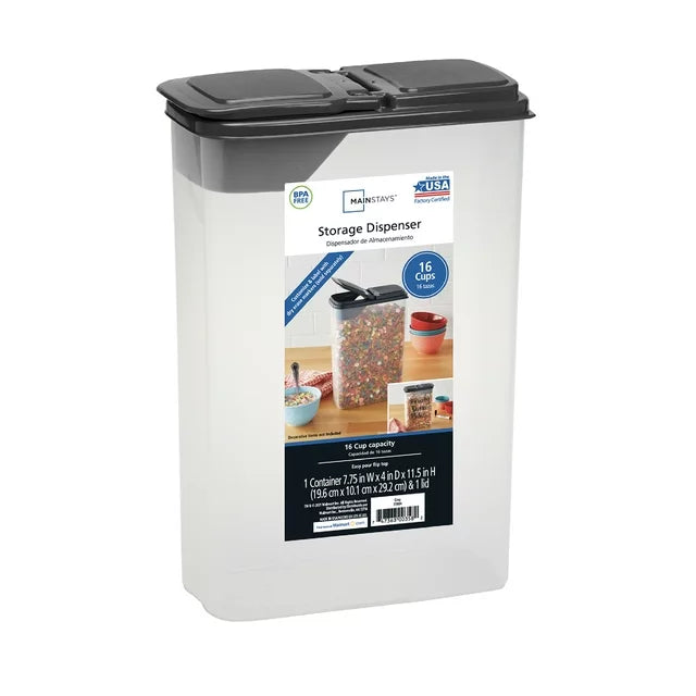 Mainstays Small Cereal Dispenser, Clear Plastic, Gray Lid, 16-Cups (1 Each) 7.25