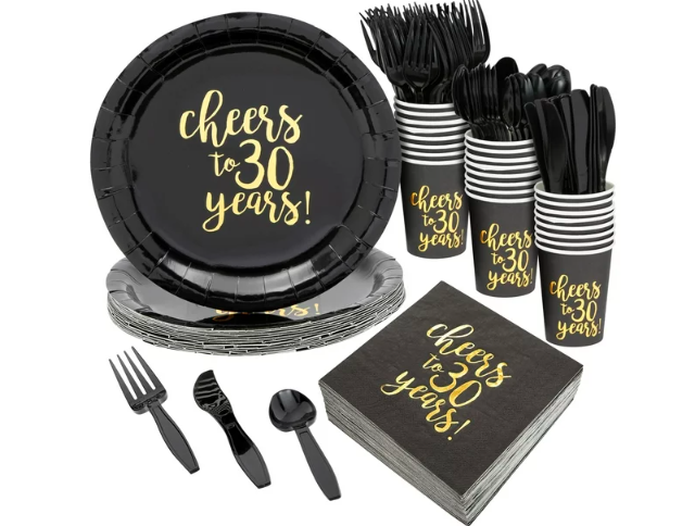 144-Piece Cheers to 30 Years Plates, Napkins, Cutlery, and Cups for Black and Gold 30th Birthday Party Supplies, Anniversary Decorations (Serves 24) - Amado Deals - wholesale and distributors with free shipping in United States