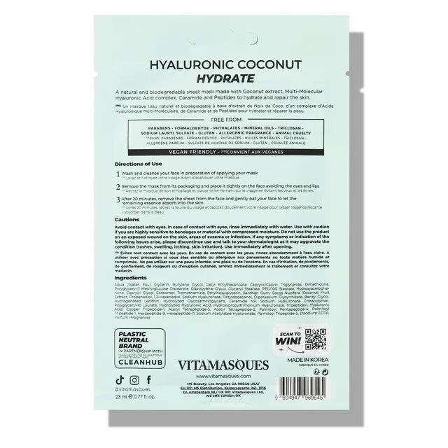 (4 pack) Vitamasques Biodegradable Coconut Face Mask, Hydrating Hyaluronic Acid, One Sheet Mask - Amado Deals - wholesale and distributors with free shipping in United States