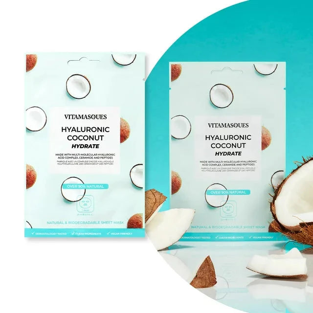 (4 pack) Vitamasques Biodegradable Coconut Face Mask, Hydrating Hyaluronic Acid, One Sheet Mask - Amado Deals - wholesale and distributors with free shipping in United States