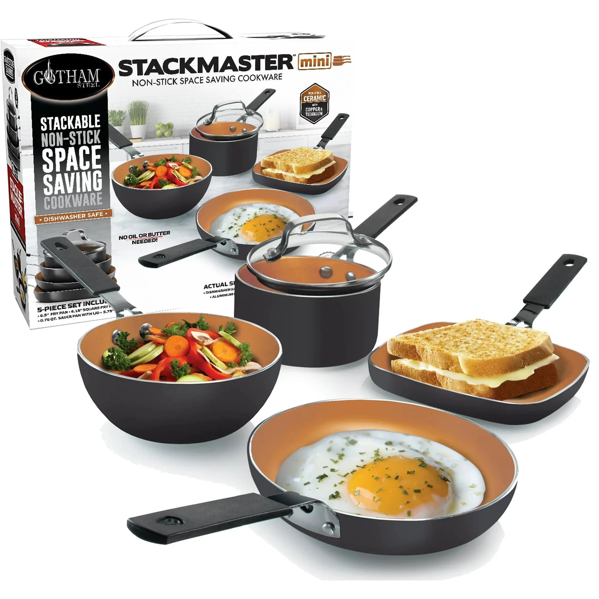 5Pcs Mini Gotham Steel Stackable Pots and Pans Set, Nonstick Cookware Set - Amado Deals - wholesale and distributors with free shipping in United States