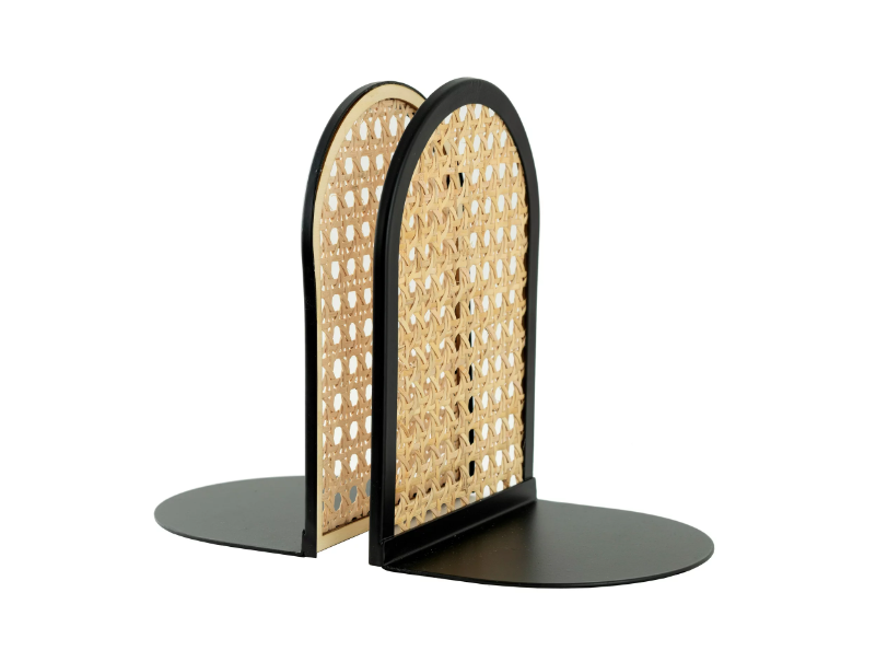 Arched Black Metal and Natural Rattan Indoor Tabletop Bookends - Amado Deals - wholesale and distributors with free shipping in United States