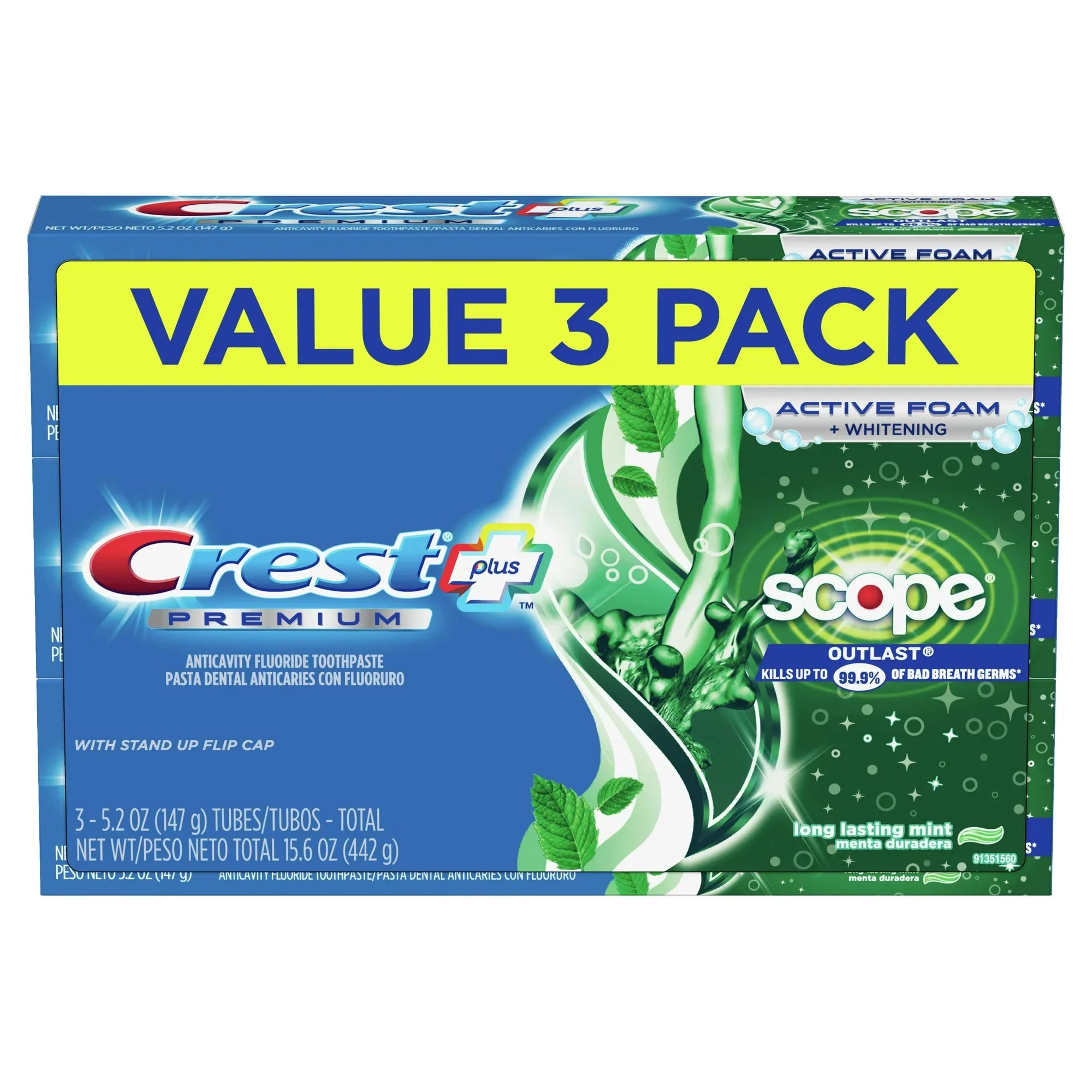 Crest Premium Plus Scope Outlast Toothpaste, Long Lasting Mint Flavor 5.2 oz, Pack of 3 - Amado Deals - wholesale and distributors with free shipping in United States