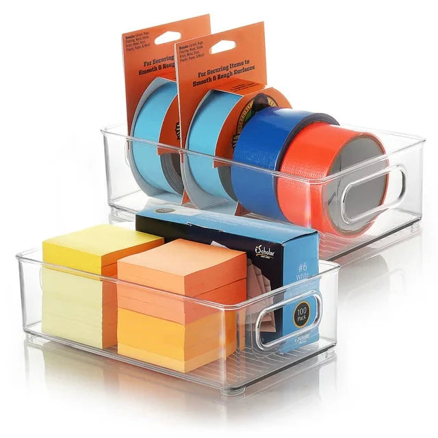 EatEx 2 Pack Clear Plastic Home & Office Storage Organizer Bin with Handles - Stackable Containers For Office, Pens, Pencils, Desks, Drawer, Workspace, Box For Supplies, Markers, Tape - Amado Deals - wholesale and distributors with free shipping in United States