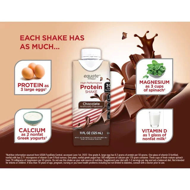 Equate High Performance Protein Nutrition Shake, Chocolate, 11 fl oz, 4 Ct - Amado Deals - wholesale and distributors with free shipping in United States