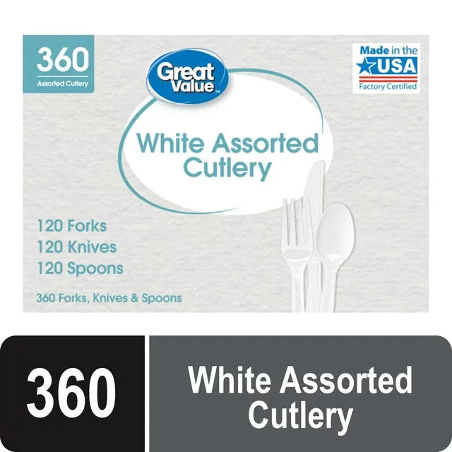 Great Value Everyday Disposable Plastic Cutlery, White, Assorted, 360 Count - Amado Deals - wholesale and distributors with free shipping in United States