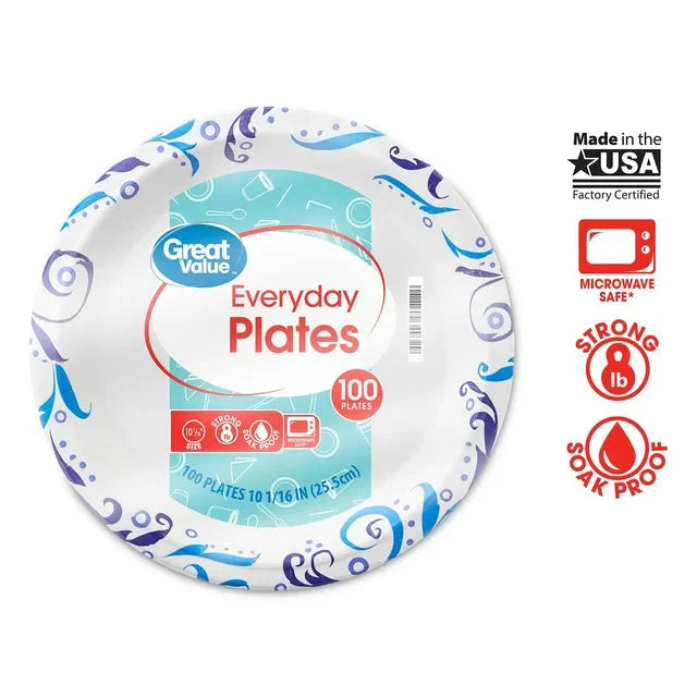 Great Value Everyday Strong, Soak Proof, Microwave Safe, Disposable Paper Plates, 10 in, Patterned, 100 Count - Amado Deals - wholesale and distributors with free shipping in United States