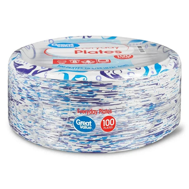Great Value Everyday Strong, Soak Proof, Microwave Safe, Disposable Paper Plates, 10 in, Patterned, 100 Count - Amado Deals - wholesale and distributors with free shipping in United States