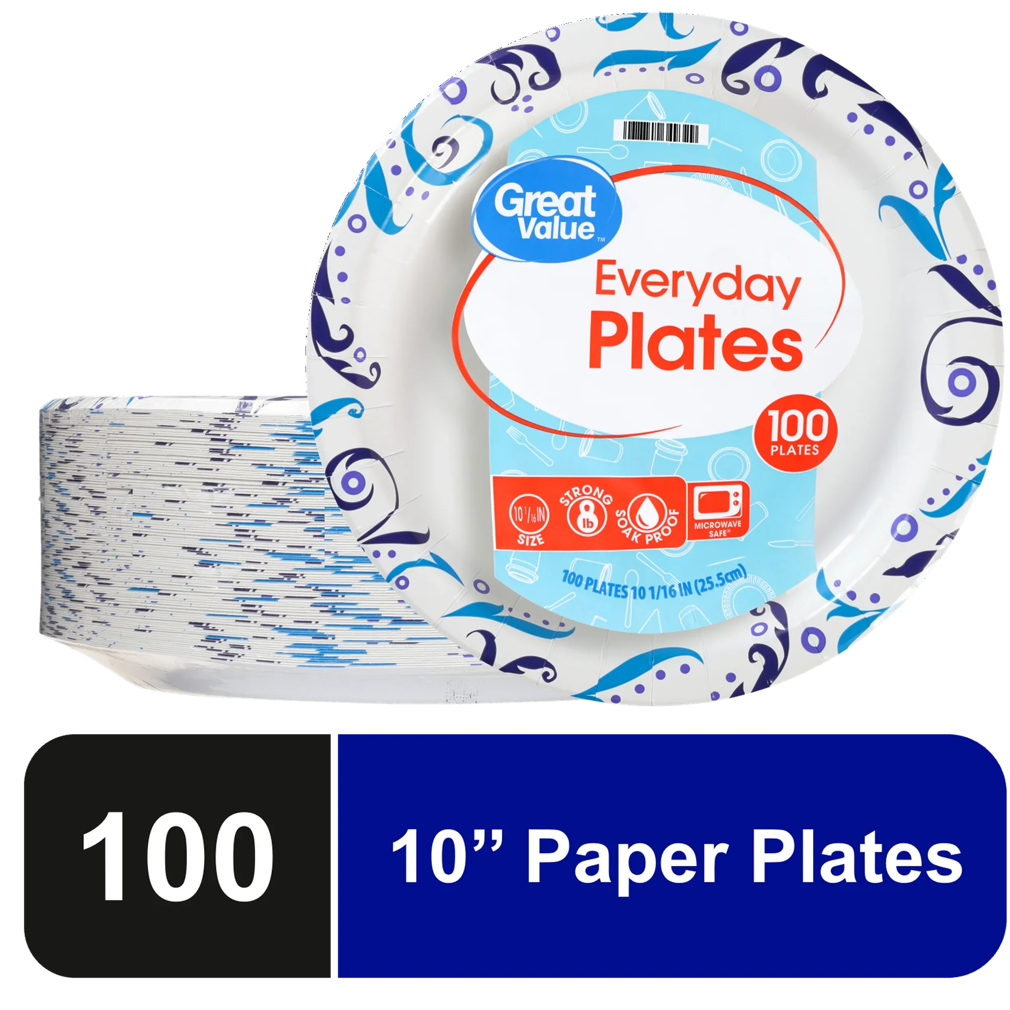 Great Value Everyday Strong, Soak Proof, Microwave Safe, Disposable Paper Plates, 10 in, Patterned, 100 Count - Amado Deals - wholesale and distributors with free shipping in United States