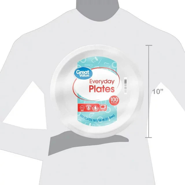 Great Value Everyday Strong, Soak Proof, Microwave Safe, Disposable Paper Plates, 10 in, White, 100 Count - Amado Deals - wholesale and distributors with free shipping in United States