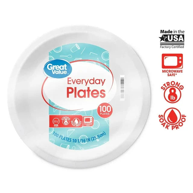 Great Value Everyday Strong, Soak Proof, Microwave Safe, Disposable Paper Plates, 10 in, White, 100 Count - Amado Deals - wholesale and distributors with free shipping in United States