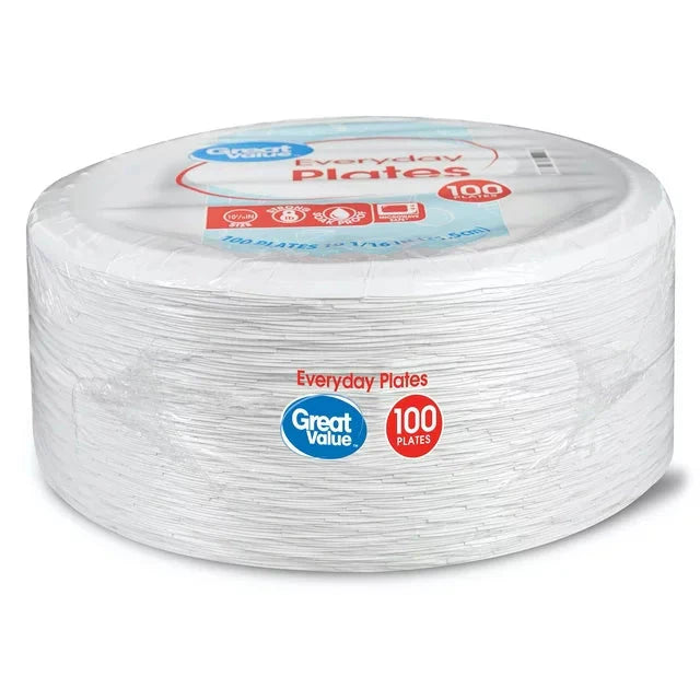 Great Value Everyday Strong, Soak Proof, Microwave Safe, Disposable Paper Plates, 10 in, White, 100 Count - Amado Deals - wholesale and distributors with free shipping in United States