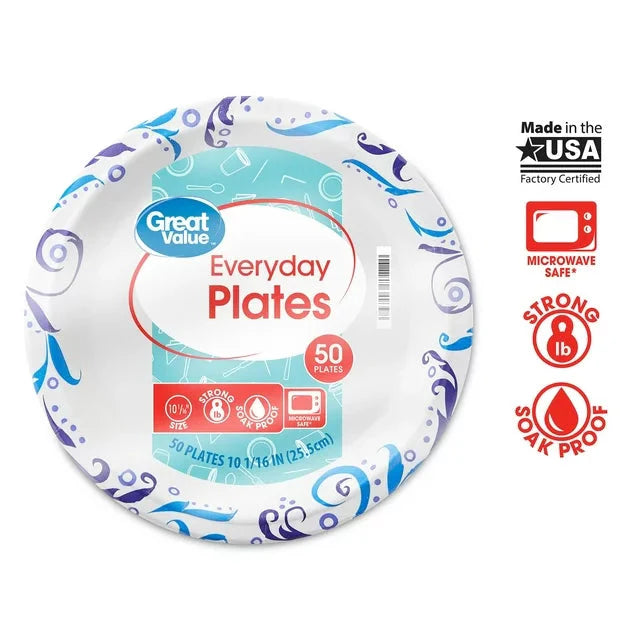 Great Value Everyday Strong, Soak Proof, Microwave Safe, Disposable Paper Plates, 9 in, Patterned, 200 Count - Amado Deals - wholesale and distributors with free shipping in United States