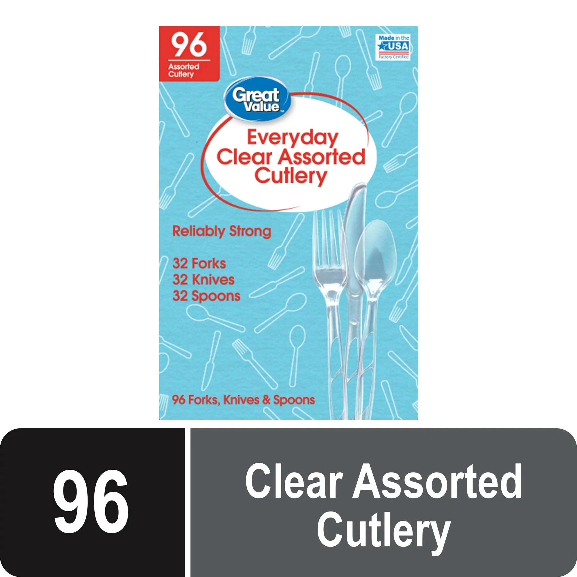 Great Value Premium Clear Disposable Plastic Assorted Cutlery, Clear, 96 Count - Amado Deals - wholesale and distributors with free shipping in United States