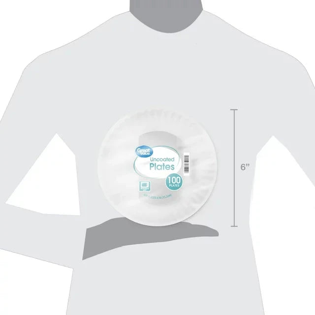 Great Value Uncoated, Microwave Safe, Disposable Paper Plates, 6 in, White, 100 Count - Amado Deals - wholesale and distributors with free shipping in United States