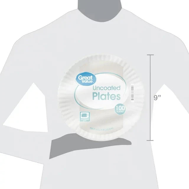 Great Value Uncoated, Microwave Safe, Disposable Paper Plates, 9 in, White, 100 Count - Amado Deals - wholesale and distributors with free shipping in United States