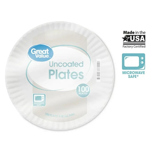 Great Value Uncoated, Microwave Safe, Disposable Paper Plates, 9 in, White, 100 Count - Amado Deals - wholesale and distributors with free shipping in United States