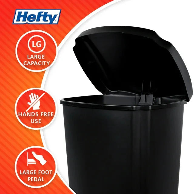 Hefty 12.1 Gallon Trash Can, Plastic Step On Kitchen Trash Can, Black - Amado Deals - wholesale and distributors with free shipping in United States