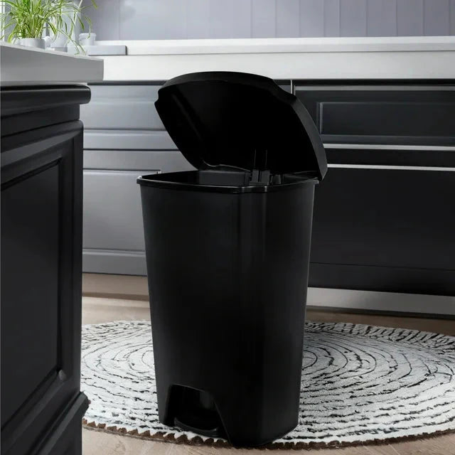 Hefty 12.1 Gallon Trash Can, Plastic Step On Kitchen Trash Can, Black - Amado Deals - wholesale and distributors with free shipping in United States