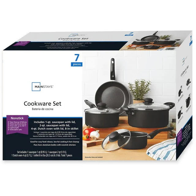 Mainstays 7 Piece Nonstick Cookware Set, Black - Amado Deals - wholesale and distributors with free shipping in United States