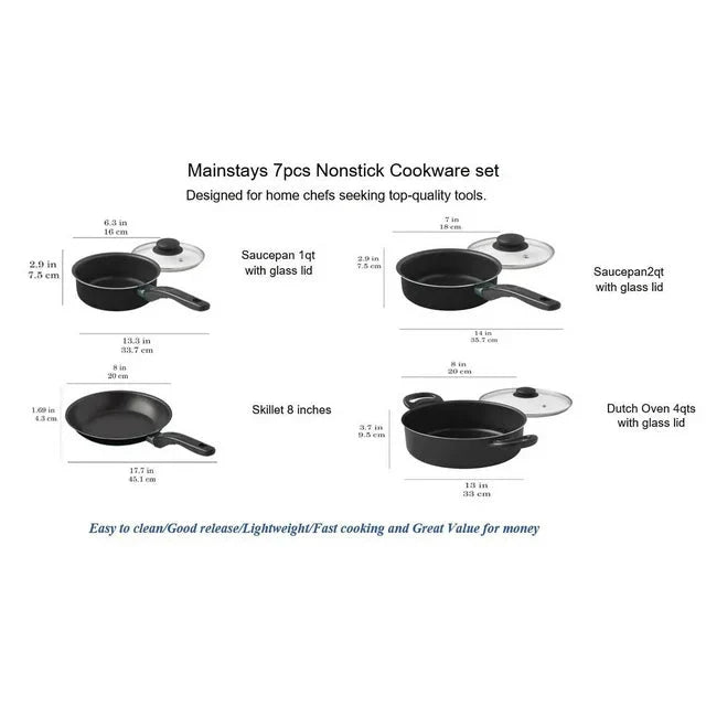 Mainstays 7 Piece Nonstick Cookware Set, Black - Amado Deals - wholesale and distributors with free shipping in United States