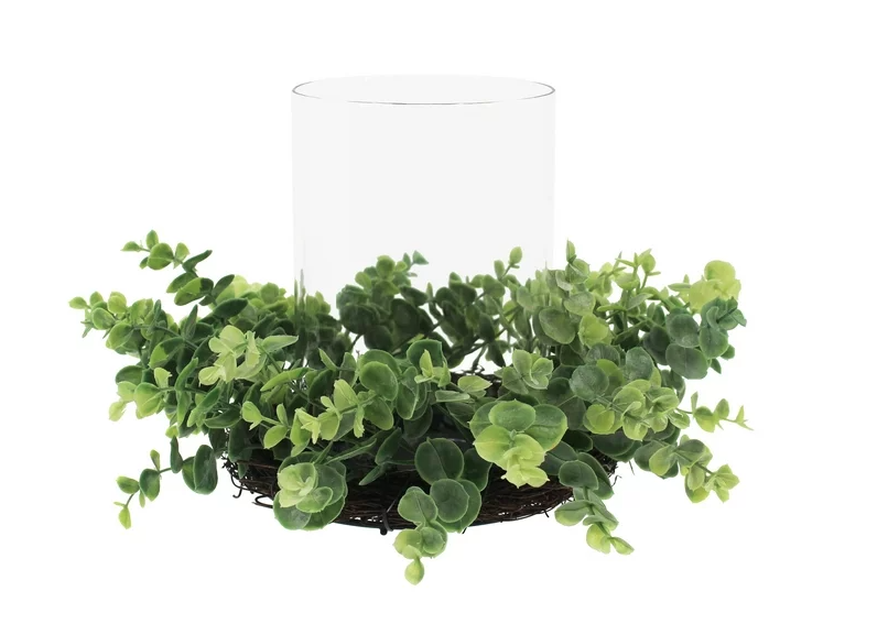 Mainstays Glass Hurricane Candleholder with Green Faux Eucalyptus and Rattan Ring - Amado Deals - wholesale and distributors with free shipping in United States