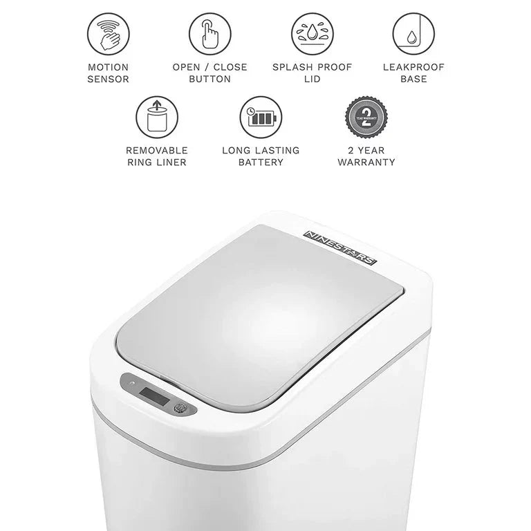 Nine Stars 1.85 Gallon Trash Can, Plastic Motion Sensor Bathroom Trash Can, White, Pack of 1 - Amado Deals - wholesale and distributors with free shipping in United States