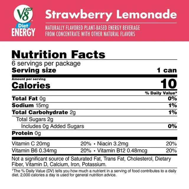 V8 +ENERGY Diet Strawberry Lemonade Energy Drink, 8 fl oz Can (Pack of 6) - Amado Deals - wholesale and distributors with free shipping in United States